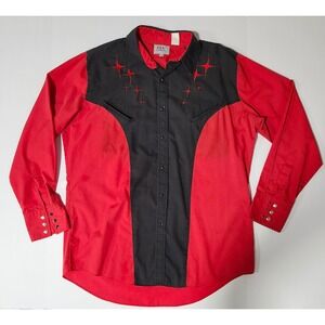 Ely Diamond Mens Western Pearl Snap Shirt Red Black Starburst Rockabilly Large